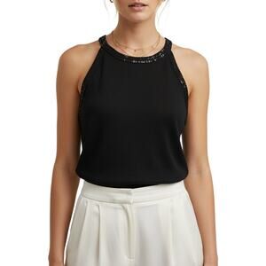 Merona Vintage 00s Black Silk Tank Top Beaded Trim Sz XL